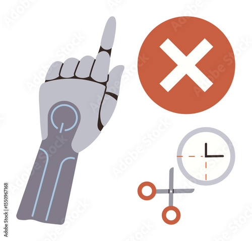 Robotic hand pointing upwards near error mark, clock, and scissors. Ideal for AI caution, time management, automation, decision-making, future technology, robotic precision simple flat metaphor