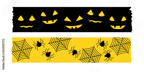 Spooky and cute Halloween washi tape illustrations. Vector masking tape set in orange black and purple with bats pumpkins and spiders. Perfect for scrapbooking packaging and seasonal design.
