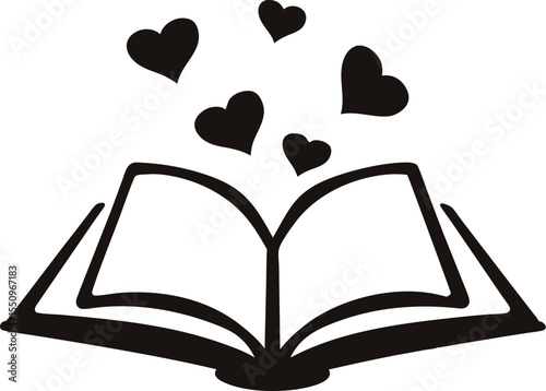 open book with heart shape silhouette, open book with pages and hearts flying black silhouette