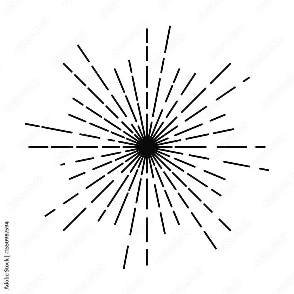 Obraz premium Symmetrical black starburst with hollow center and thin varied rays. Ideal for vintage, cosmic, or spiritual-themed logos, labels, and clean vector illustrations.