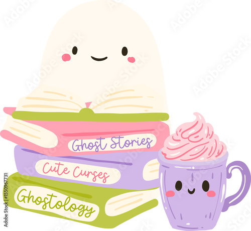 Kawaii Ghost Book Stack Illustration, Cute Halloween Reading Clipart with Pastel Mug and Spell Books

