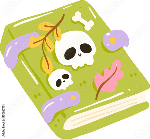 Kawaii Skull Spellbook Illustration, Cute Halloween Potion Book Clipart, Pastel Green Magic Book Design


