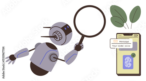 Robot holding magnifying glass near smartphone displaying message, fingerprint verification, leaves. Ideal for technology, cybersecurity, AI, authentication, innovation, privacy secure login simple