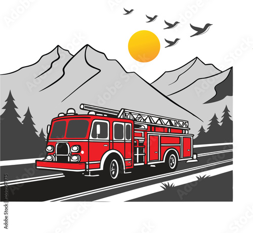 Fire truck in the city with firefighters responding to an emergency