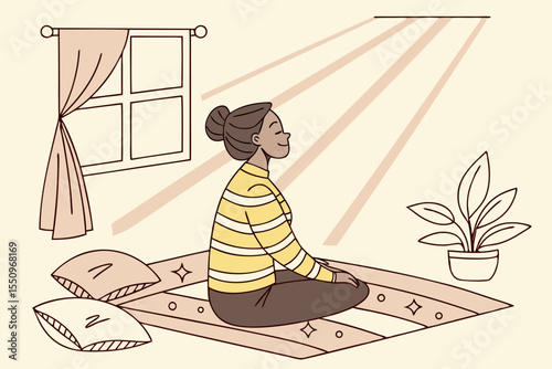 A woman sits cross legged on the floor of a cozy, sunlight filled bedroom at home, meditating in a yoga pose. She is calm and relaxed, wearing a striped yellow sweater
