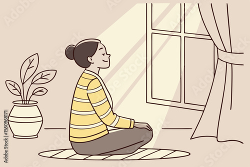 A woman sits cross legged on the floor of a cozy, sunlight filled bedroom at home, meditating in a yoga pose. She is calm and relaxed, wearing a striped yellow sweater