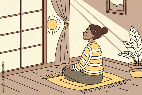 A woman sits cross legged on the floor of a cozy, sunlight filled bedroom at home, meditating in a yoga pose. She is calm and relaxed, wearing a striped yellow sweater