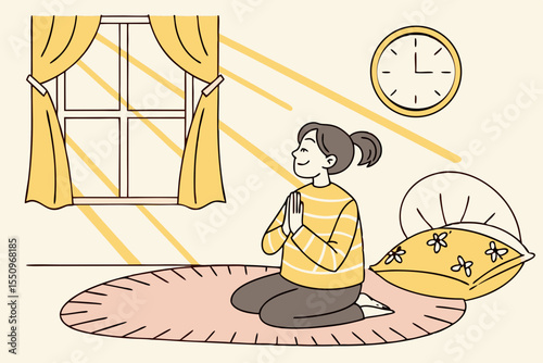 A woman sits cross legged on the floor of a cozy, sunlight filled bedroom at home, meditating in a yoga pose. She is calm and relaxed, wearing a striped yellow sweater