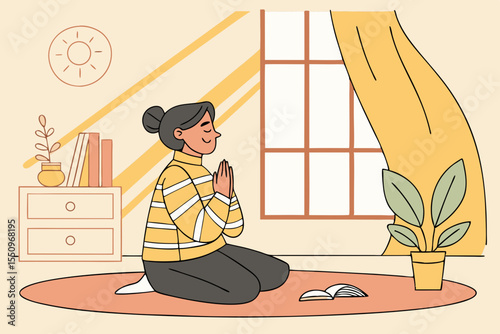 A woman sits cross legged on the floor of a cozy, sunlight filled bedroom at home, meditating in a yoga pose. She is calm and relaxed, wearing a striped yellow sweater