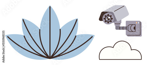 Blue abstract leaf beside a surveillance camera and a cloud. Ideal for tech, innovation, data security, cloud computing, eco-tech, privacy, and futuristic themes. Simple flat metaphor