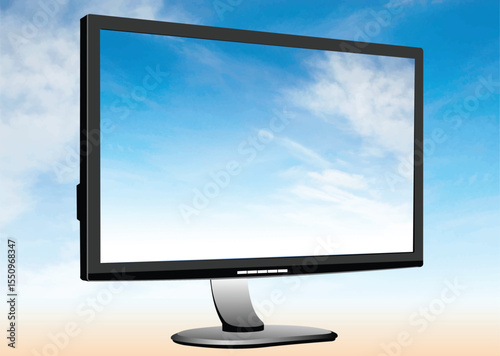 036-42-Widescreen monitor displaying idyllic blue sky and clouds, suggesting concepts of freedom, nature, and technology