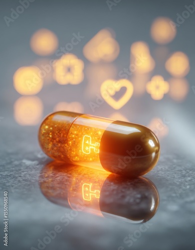 Glowing pill capsule on reflective surface surrounded by medical symbols, symbolizing pharmaceutical innovation and healthcare advancements for human wellness. Modern medicine technology  concept