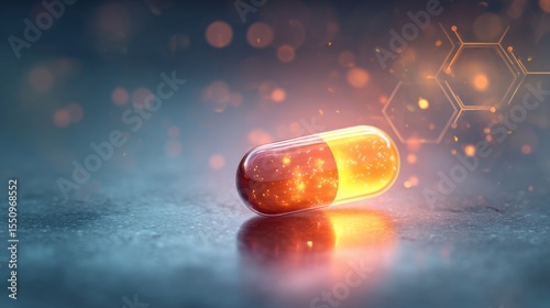 Glowing pill capsule on reflective surface surrounded by medical symbols, symbolizing pharmaceutical innovation and healthcare advancements for human wellness. Modern medicine technology  concept