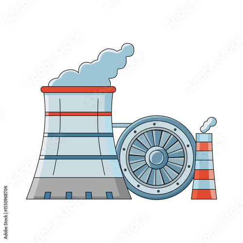 A cartoon vector depicting a power plant with a large cooling tower, a substantial turbine, and a smaller smokestack, symbolizing energy production and industrial processes.