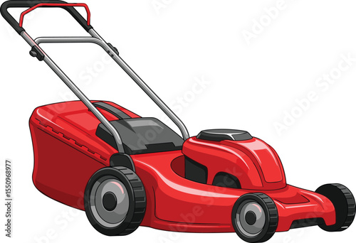 Bright Red Modern Push Lawn Mower for Garden Maintenance, Home Yard Care Equipment, Isolated on White Background for Clean Design