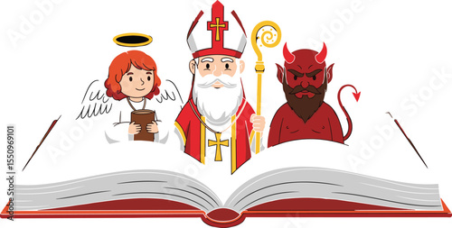 Angel, Bishop, and Devil Characters Emerging from an Open Book, Representing Good Versus Evil and Morality Concepts, on White Background