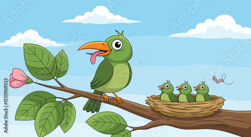 Cartoon green bird feeding chicks in nest, tree branch with leaves, pink flower, clear sky, parenting concept, nature illustration, worm flying, springtime scene
