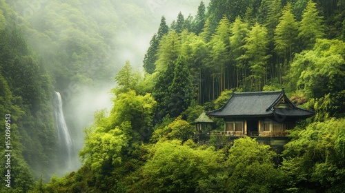 Misty mountain landscape with waterfall and temple. Lush green forest surrounds a traditional Japanese temple nestled in a valley.