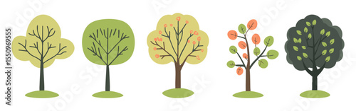 Set of tree and leaf collection hand drawn flat design vector element. botanical set of bare trees and ones with leaves and lush green