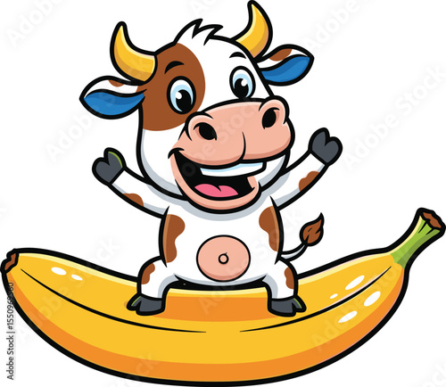 Cute Cartoon Cow Character Riding a Large Yellow Banana, Playful Animal Illustration on White Background for Children's Books and Food Concepts