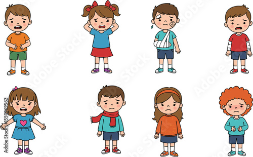 Sad sick injured crying children characters illustration, various illness symptoms, cartoon kids feeling unwell, pain, emotions set, healthcare vector concept