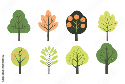 Set of tree and leaf collection hand drawn flat design vector element. botanical set of bare trees and ones with leaves and lush green