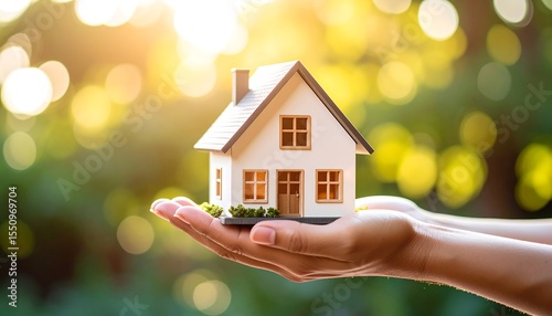 Miniature house held in hands outdoors.