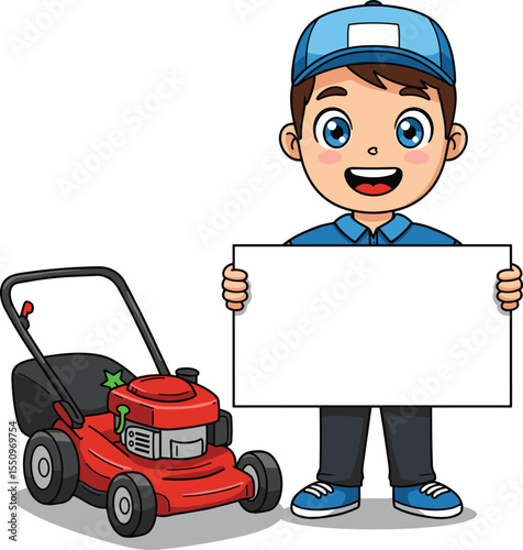 Happy Landscaping Worker in Blue Uniform and Cap, Standing Beside a Red Lawnmower and Holding a Blank Sign, Perfect for Garden Care Services and Outdoor Maintenance.