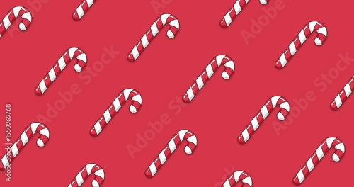 Video of a Christmas candy cane moving in an intertwined manner on a red background