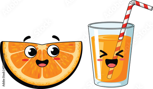  Cute Cartoon Orange Slice and Happy Glass of Fresh Orange Juice with Straw, Isolated on White Background for Children's Food Design