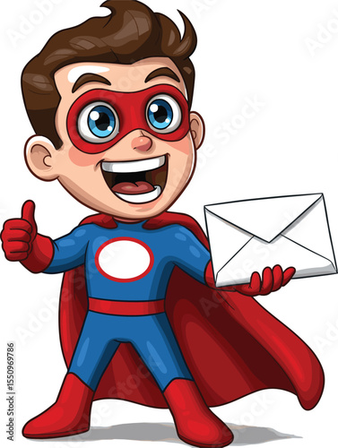 Happy Superhero Cartoon Character Giving Thumbs Up and Holding an Envelope, Symbolizing Fast Mail Delivery, Excellent Communication, and Reliable Messaging Services.