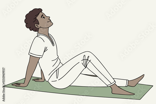 Sporty positive millennial indian man in homewear practicing yoga at home, sitting on fitness mat and stretching his body, copy space, enjoying morning workout, full length shot. Stress relief concept
