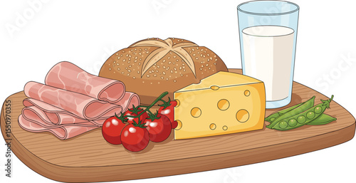 Delicious and Nutritious Breakfast Spread: Fresh Bread, Sliced Ham, Cherry Tomatoes, Swiss Cheese, Green Peas, and Milk Glass on Wooden Board for Healthy Meal
