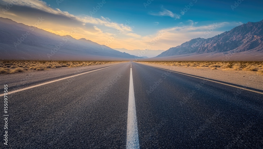 Fototapeta premium Empty highway stretches into a serene mountain vista at sunset