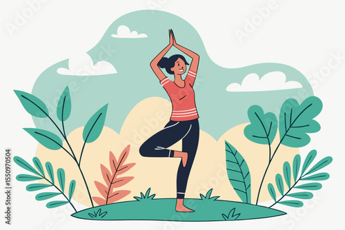 Young woman practicing yoga on nature. Girl meditating outdoors. Female with slim, strength and flexibility body. Healthy lifestyles. Concept of vitality, calmness, relax, mindfulness, zen energy