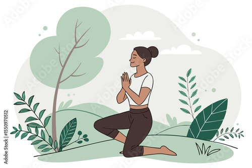 Young woman practicing yoga on nature. Girl meditating outdoors. Female with slim, strength and flexibility body. Healthy lifestyles. Concept of vitality, calmness, relax, mindfulness, zen energy