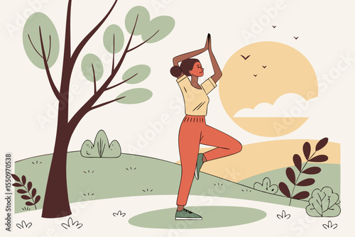 Young woman practicing yoga on nature. Girl meditating outdoors. Female with slim, strength and flexibility body. Healthy lifestyles. Concept of vitality, calmness, relax, mindfulness, zen energy