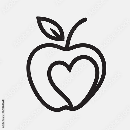 Logo for a wellness brand: A heart shape seamlessly integrated into the curve of the apple, with two leaf outlines. Black vector art on a white background.