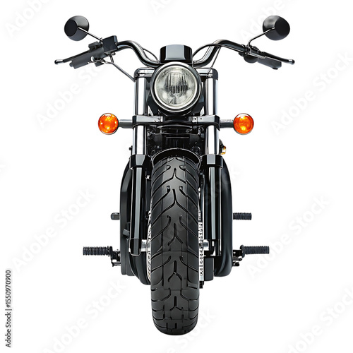 Front view of a classic black motorcycle with chrome details isolated on transparent background