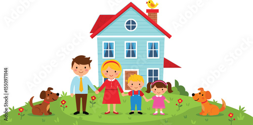 Happy Family with Two Children and Pets in Front of a Charming House, Illustrating Home Ownership, Joyful Living, and Real Estate Concepts