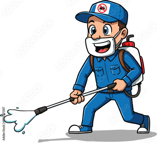 Happy Cartoon Pest Control Exterminator Wearing a Protective Mask and Hat, Actively Spraying Insecticide, Providing Effective Solutions for Home and Commercial Bug Eradication.