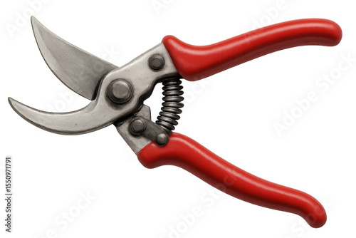 Sharp gardening secateurs with red handles isolated on transparent background, ready for pruning and trimming tasks
