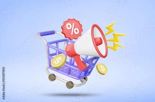 3D vector illustration rendering of shopping cart, silver coins, discount percentage sign and megaphone, conveying the concept of announcing a special discount and promotion campaign.