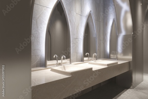 A modern bathroom with arched mirrors and multiple sinks in a minimalist design and neutral color palette
