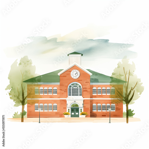 A watercolor illustration of a school building with charming details. Perfect for education or school-themed materials.