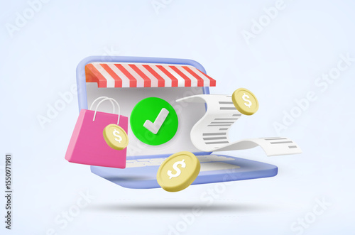 3D Vector Illustration Render of Laptop, Open Online Store Page with Shopping Bag, Coins and Receipt, Checkmark Symbol, Conveying the Concept of Successful Purchase and Payment Transaction.