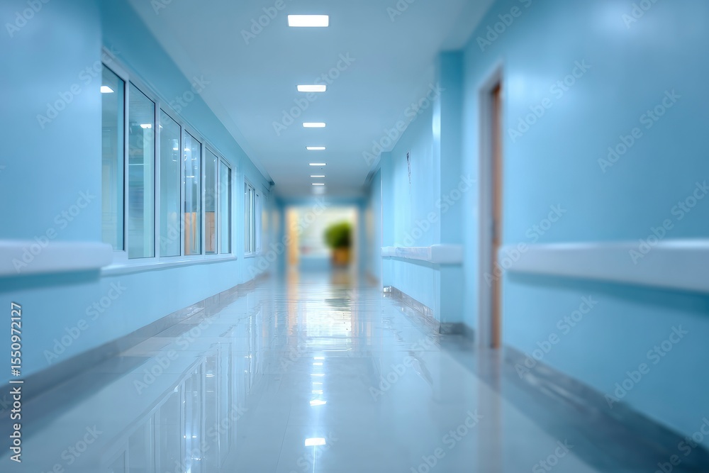 Obraz premium A long hallway with a shiny floor blue walls and a row of rectangular lights on the ceiling