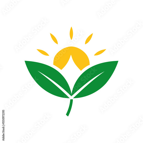 Leaf and sun icon minimalist design logo with white background for eco nature concept