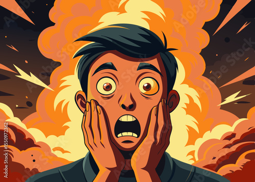 Person with extreme fear in eyes, staring at an approaching mushroom cloud, surrounded by dramatic orange and red light, capturing a moment of intense emotion and impending danger