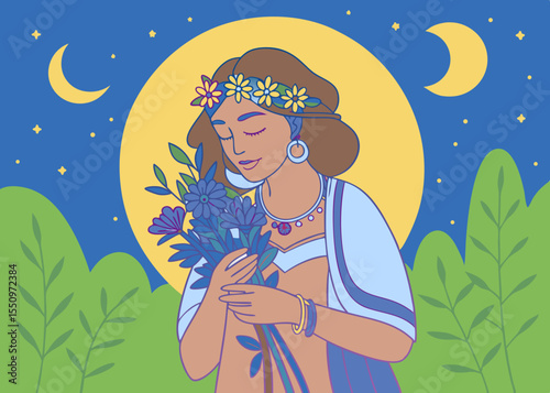 Woman with flower wreath holding bouquet of vibrant blooms, surrounded by lush greenery and a mystical sunset, embodying the spirit of the Summer Solstice celebration and nature's beauty